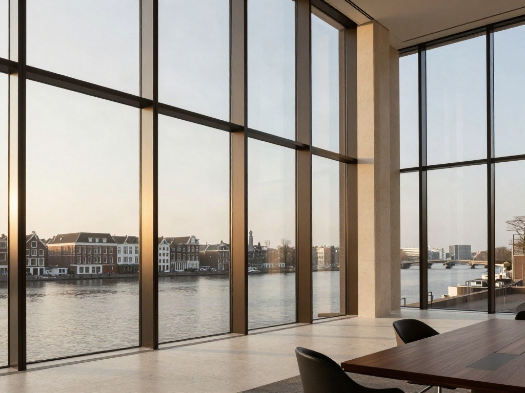 Warm sunlight across a contemporary meeting room overlooking the Amsterdam waterfront